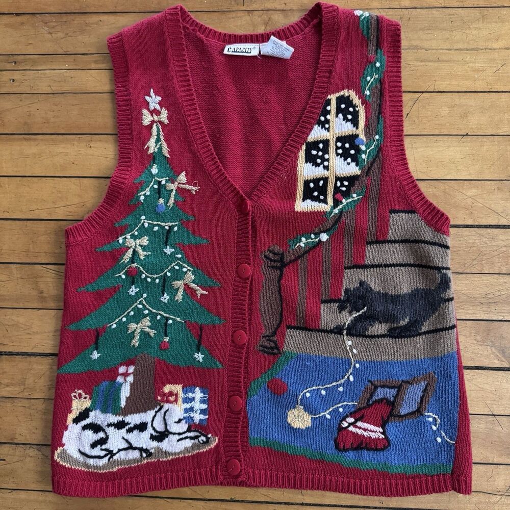 VTG Capacity Womens Red Christmas Sweater Vest Size Cat Dog Holiday Festive